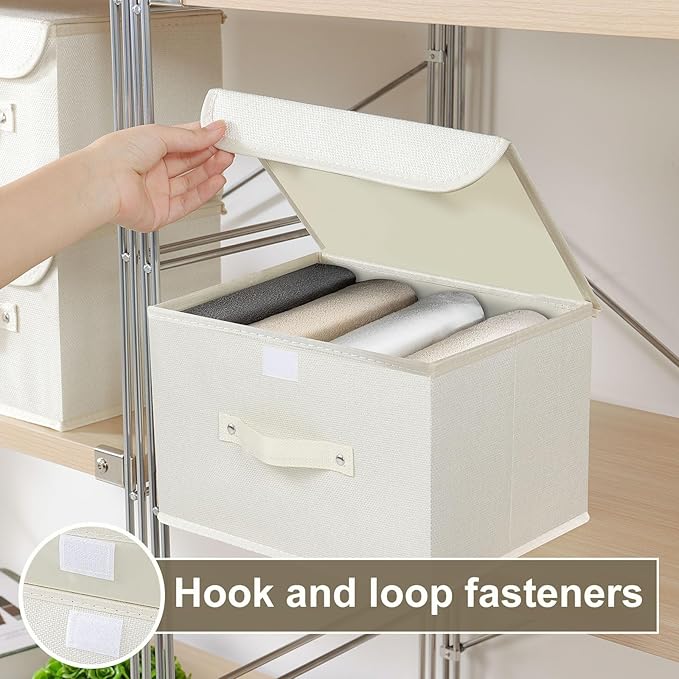 Fabric Storage Bins Cube Organizers with Flip-Top Lid and Handles, Storage Boxes for Organizing Home, Office, and Closet, Beige, 5 Pack 10.2 X 7.9 X 6.7 in