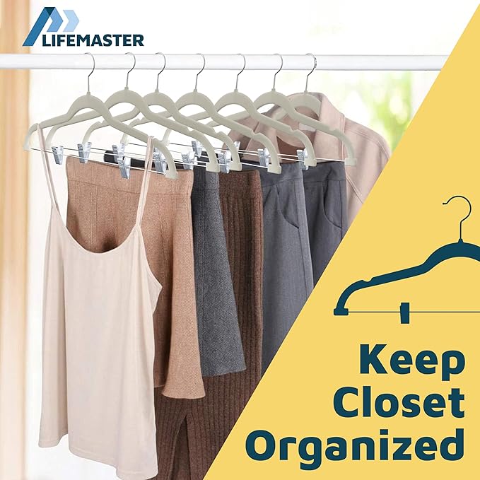 Lifemaster Velvet Skirt Hangers – with Adjustable Clips, 360 Degree Swivel Hook, and Non-Slip Shoulder Notch, Holds Up to 10 lbs, for Organizing Skirt, Pants, Dress, and Clothes, Pack of 20, Ivory