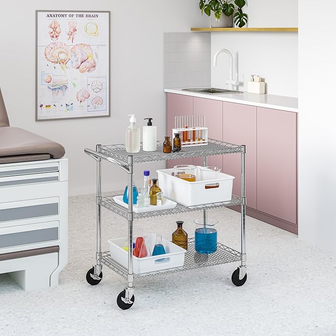 Seville Classics UltraDurable NSF Commercial Heavy Duty Metal Rolling Utility Cart, w/ Steel Shelves, Handle Bar for Restaurant, Garage, Warehouse, Kitchen, Office, Top Shelf (36"W x 18"D)