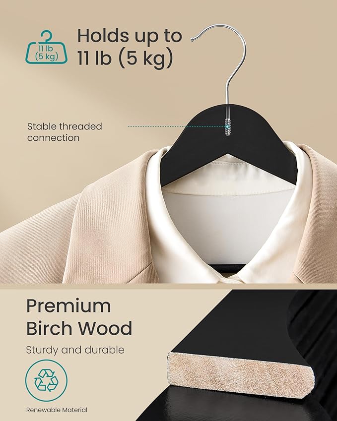 SONGMICS Wooden Hangers, Pack of 30, Coat Hangers, Pants Bar, 360° Swivel Hooks, Solid Birch Wood, Space Saving, for Jackets, Shirts, Coats, Ink Black UCRW030B01