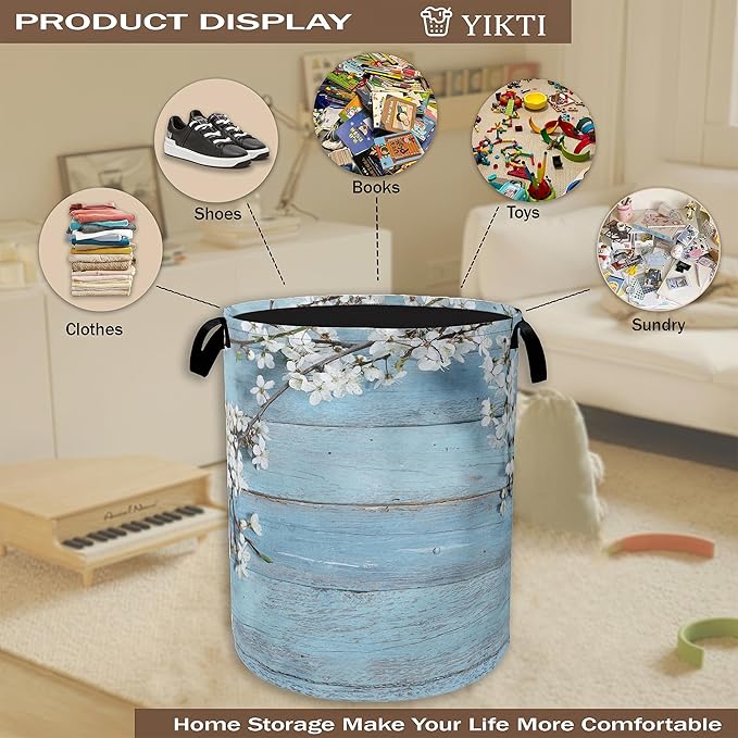 Spring Flowers Laundry Hamper,Rustic Blue Woodboard Clothes Hamper for Laundry,Waterproof Oxford Toy Storage Collapsible Hampers for Bedroom, Dorm Room,Bathroom,16x20 Inch