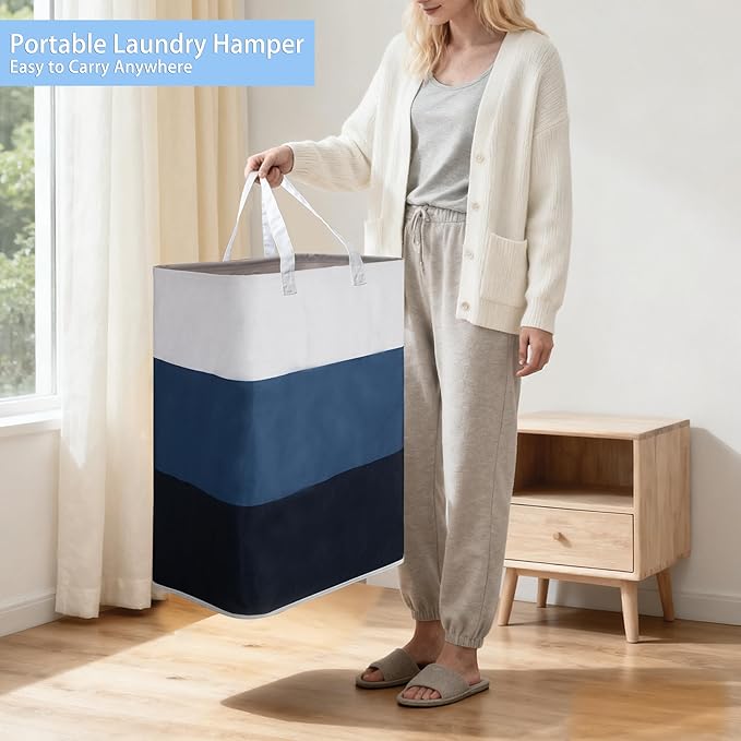 Stylish Freestanding Laundry Hamper with Portable Handles,72L Foldable Laundry Basket with Waterproof Liner,Bathroom Dirty Clothes Hamper,Multi-purpose Storage Bag Space-saving for Home,Dorm,RV(Blue)