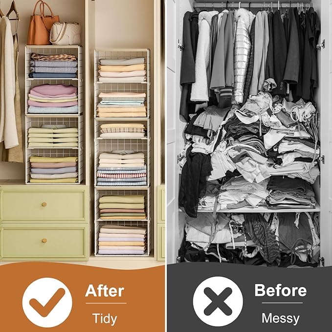 4-Tier Stackable Closet Organizers and Storage, Adjustable Dividers & Wood Top Storage Shelves for Clothes, Wardrobe & Closet Storage Basket Bins/Cube, Space-Saving Closet Organizer System, White