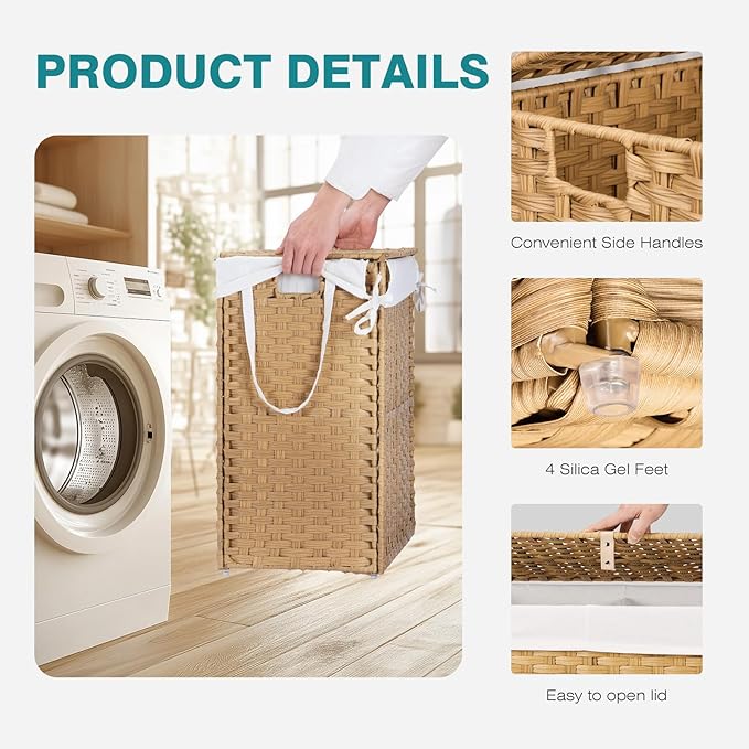 DUMOS Wicker Laundry Basket with Lid, 24 Gallon (91L) Woven Laundry Hamper with Handles, Foldable Rattan Clothes Hamper with Removable Liner & Sturdy Steel Frame, Goose Yellow