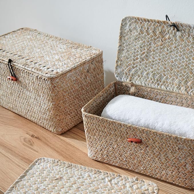 4 Pack, Wicker Baskets with Lids, Nautral Seagrass Storage Baskets, Wicker Storage Baskets for Organizing, Rustic Rectangular Storage Basket, Rattan Storage Organizer for Shelf Whitewash