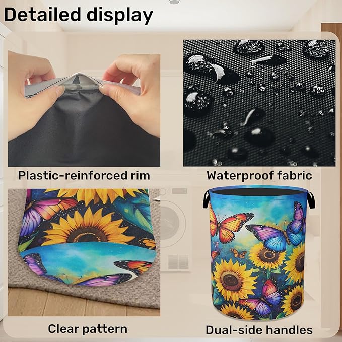 Butterfly Sunflower Laundry Basket, Heavy Duty 60L Dirty Clothes Hamper, Water Resistant Foldable Hamper for Girls Women