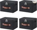 4 Pack Storage Bins with Zipper Lid Cotton Linen Fabric Lidded Storage Baskets Boxes Foldable Washable Closet Shelf Clothes Organizer Container with PU Leather Handles (Black, Small)