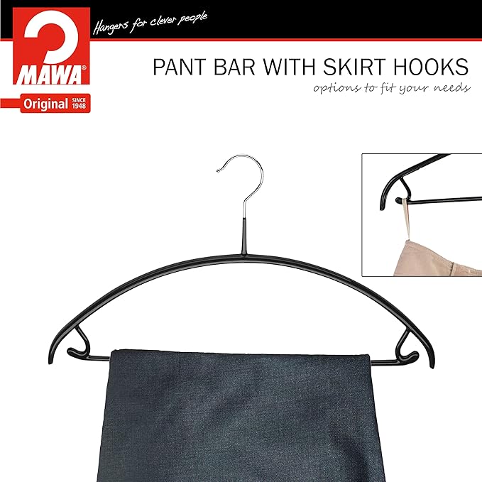 MAWA Reston Lloyd Euro Series Non-Slip Space-Saving Clothes Hanger with Bar and Hooks for Pants and Skirts, Style 42/U, Set of 2, Black