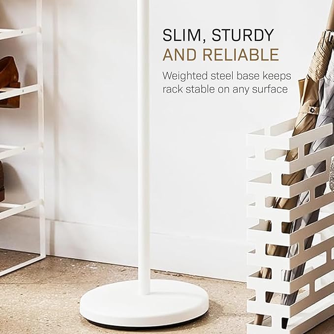 YAMAZAKI Home Freestanding Coat Rack Stand – Modern Coat Tree With Wooden Hooks, Standing Coat Hanger For Entryway, Sturdy Weighted Base, Steel, White, Easy Assembly, 70" - Steel