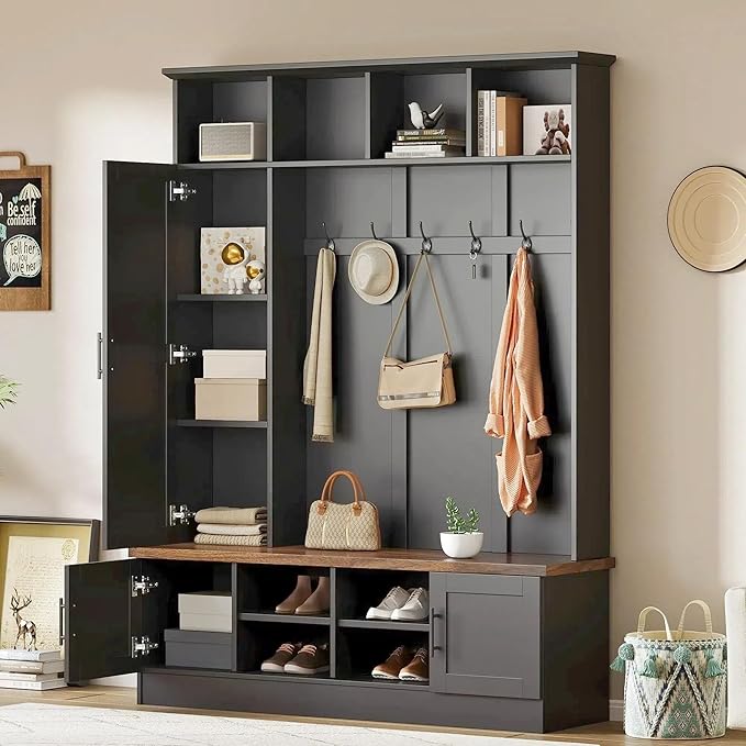 Versatile 3-in-1 Hall Tree, 55" W Modern Entryway Coat Rack with Multiple Storage Space, 6 Hooks, Farmhouse Walnut Storage Bench with Adjustable Shelves for Mudroom, Living Room