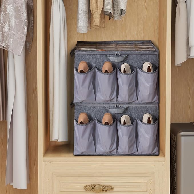 Shoe Organizer for Closet, Shoe Storage Solution with Clear Cover & Adjustable Dividers, Fabric Shoe Box Fits 16 +8 Pairs Shoes, Grey, 1-Pack