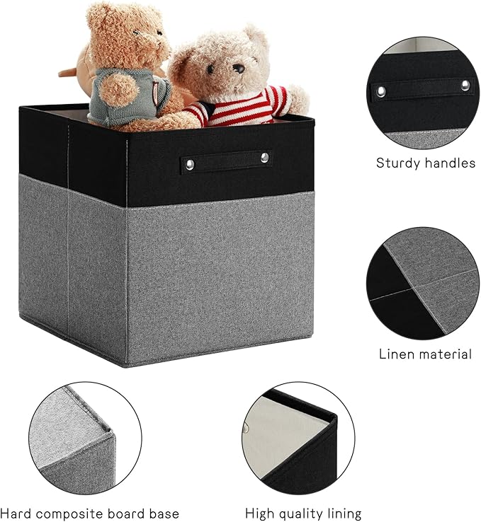 13 x 13 Inch Fine Linen Storage Bins with Handles，Fabric Cube Boxs，Basket Organizers for Shelves for Home, Closet Drawers (Black/Gray-6 Pack)