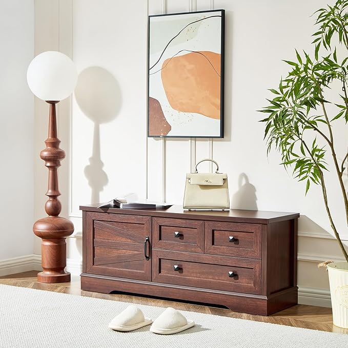 SOOWERY 48 Inch Cherry Wood End of Bed Storage Bench, Farmhouse Bed Bench with Drawers and Cabinet, Rustic Shoe Storage Bench for Entryway, Bedroom, Living Room