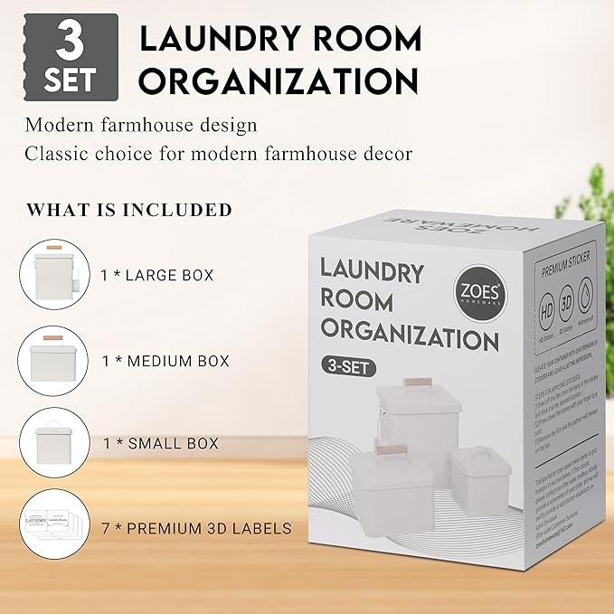 3-Set Laundry Room Organization and Storage | Modern Farmhouse Laundry Room Decor | Laundry Container for Organizing Laundry Pods, Laundry Powder, Dryer Sheets, Dryer Balls, Cream White