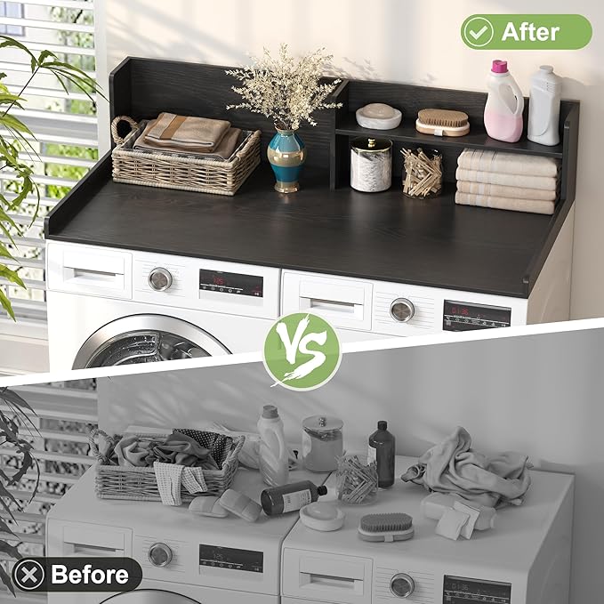 Washer Dryer Countertop, White - 2-Tier Wood 54" x 27.5" Laundry Topper with Safety Guard & Non-Slip Pads, Over The Washer Dryer Folding Shelf for Maximum Space Saving (Black)