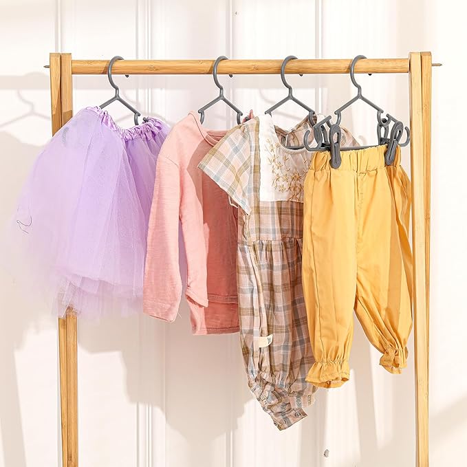 Hsei 5/10/40 Pack Baby Hangers with 10/20/80 Clips, Plastic Kids Pants Hangers for Nursery Closet Top and Bottom Clothes Hanger Set for Newborn Infant Toddler(15 Packs Total,Gray,10.6 Inch)