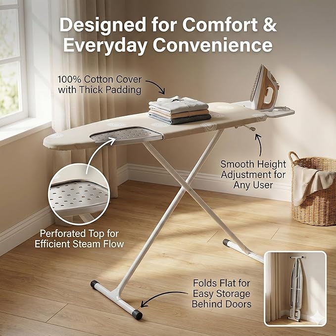 Beige T-Leg Ironing Board with Cotton Cover, 53" x 14" Ironing Board Foldable,Height Adjustable,Home Use