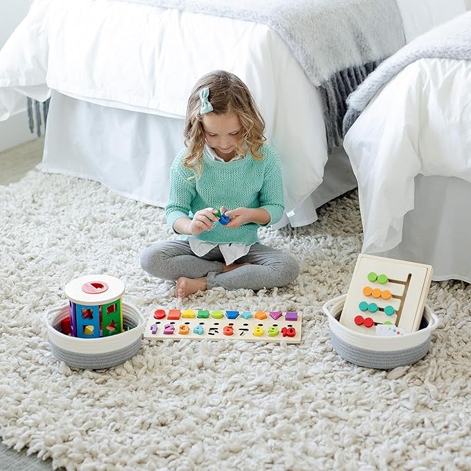 NaturalCozy 5-Piece Round Small Woven Baskets Set– Cotton Rope Baskets for Organizing! Montessori Toys, Fruits Remotes Key Tray Bowl for Entryway Desk, Shallow Catchall Home Décor, Cat Dog Bin Gift