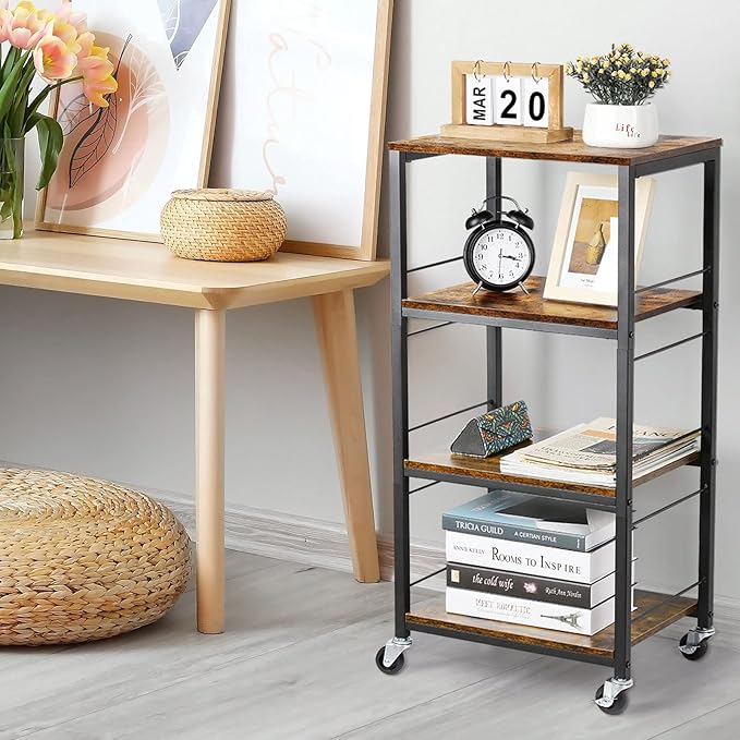 CADUKE Rolling Kitchen Cart Industrial Serving Cart 4 Tier Wood Utility Island on Wheels Rolling Bar Cart with Storage Farmhouse Microwave Table Serving Trolley Stand for Bathroom Living Room, Brown