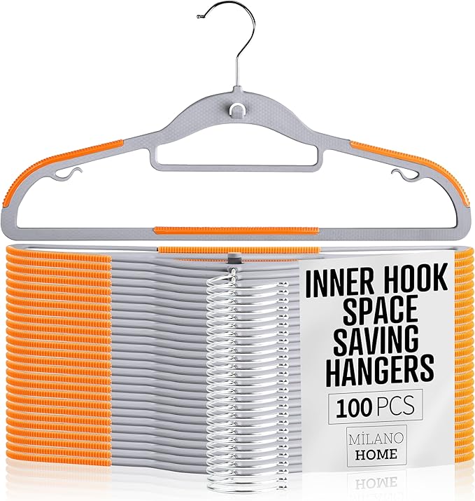 Plastic Hangers 100 Pack, Cascading Slim Space Saving Clothing Hangers with 360° Rotating Hook, Non Slip Clothes Hangers for Sweater Shirt, Heavy Duty Coat Hanger with Inner Hook for Closet, Grey