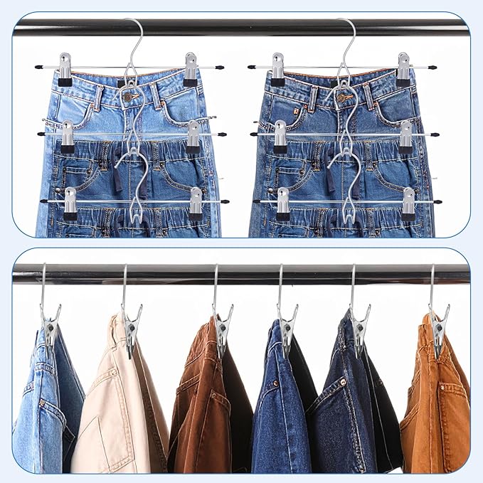 24PCS Pants Hangers with Clips, Heavy Duty Adjustable Space Saving Skirt Clips Stackable Non-Slip Metal Hanging Closet Organizer College Dorm Apartment Room Essentials for Shorts Jeans Trousers