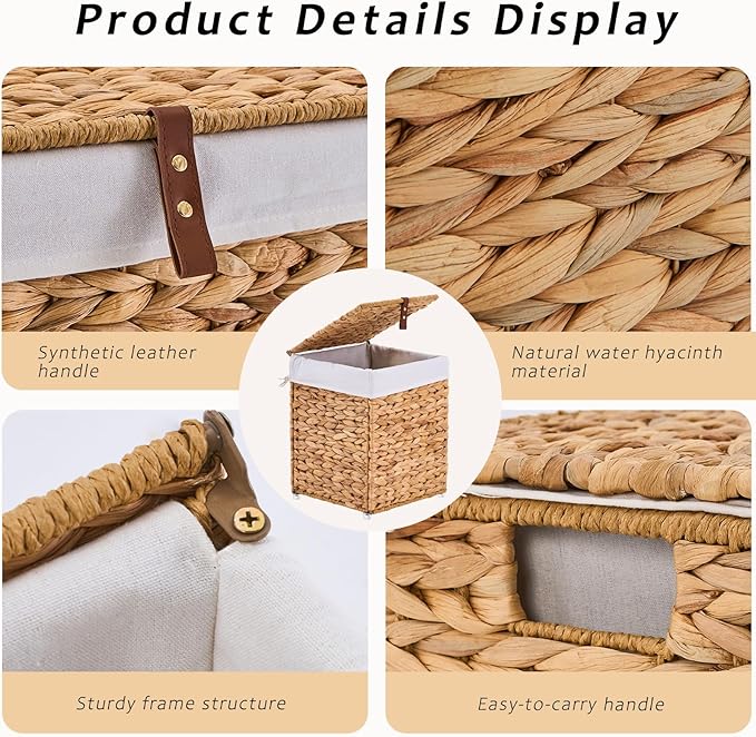 Mini Handwoven Laundry Basket with Lid, Natural Water Hyacinth Storage Basket with Handle, Removable Cotton Liner, Durable and Stylish for Bedroom, Bathroom, Laundry Room