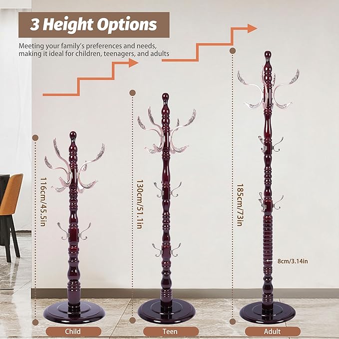 Solid Wooden Coat Rack Stand, Freestanding Coat Racks Tree with 20 Metal Hooks and 3 Adjustable Heights, Coat Hanger Stand with Sturdy Base for Coats,Hats,Bags, Living Room Bedroom Entryway Use