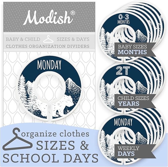 Days of the Week School Clothes Organizer, Modish Labels Weekly Monday through Friday Kids Closet Organization, Girl Boy Neutral Navy Woodland Animal Outdoor Mountain Forest Safari Explorer Room Décor