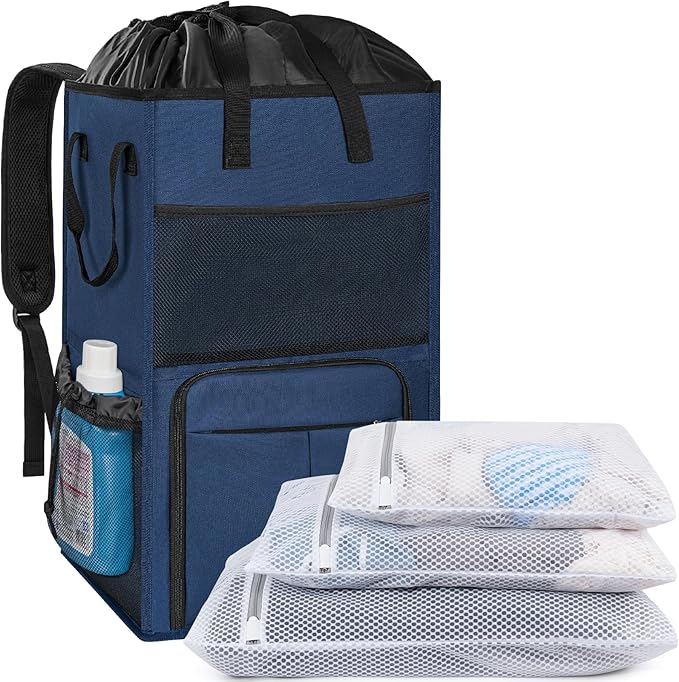 95L Laundry Backpack Bag with 3 Sizes Mesh Wash Bags Empty, Extra Large 2 in 1 Laundry Hamper Basket with Shoulder Straps, Freestanding Laundry Bag for College Dorm, Laundromat, Apartment (Blue)