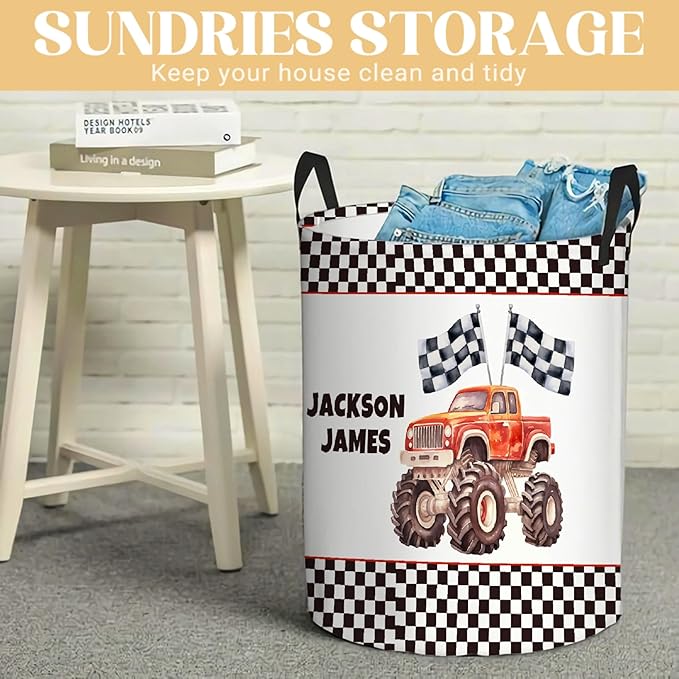 Personalized Truck Laundry Basket, Custom Laundry Hamper With Name Gifts For Kids Baby Adults, Collapsible Dirty Clothes Storage Organizer With Handles M 19.6 X 15.7in