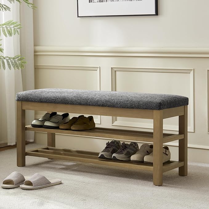 VKNOW 44.3” Wooden Entryway Bench, 2-Tier Upholstered Shoe Bench for Bedroom, Storage End of Bed Bench with Rubberwood Legs for Living Room, Hallway, Black
