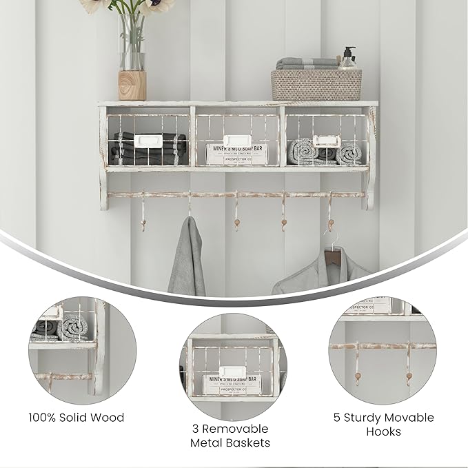 Flash Furniture Daly Wall Mounted Storage Rack - Whitewashed Solid Pine Wood - 24 Inch - Upper Shelf - 5 Hooks - Wire Baskets - For Entryway, Kitchen, Bathroom