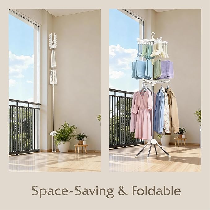 Beaudaily Clothes Drying Rack, Foldable 79.5-Inch Laundry Drying Rack,3 Tie, with Rotatable Arms, Stainless Steel, Holds 27 Clothes,8 Towels and 24 Clips for Hanging Socks, White and Silver