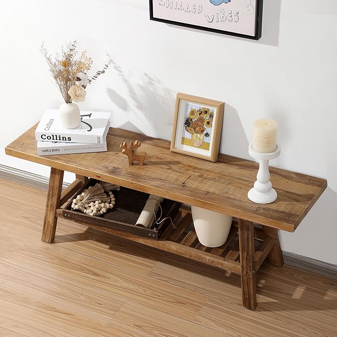 Reclaimed Solid Wood Bench-43.3" Farmhouse Entryway Bench with Storage Shelf, Narrow Rustic Bench for Hallway, Kitchen, Bedroom, Dining