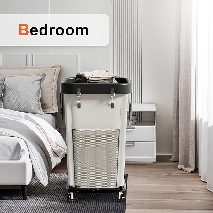 Laundry Hamper Laundry Basket with Wheels, Large Capacity Dirty Clothes Basket with Wheels, Suitable for Bedrooms, Bathrooms and Laundry Rooms (Milky, 160L)