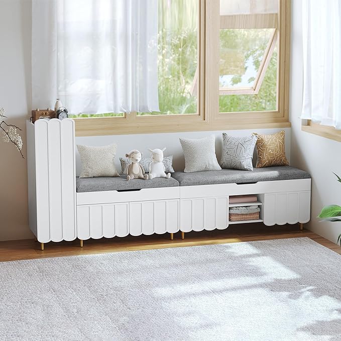 3More 40" Entryway Shoe Storage Bench,Upholstered Hidden Space Beneath Seat Cushion Bench,2-Tier Unique Geometric Shape with Wood Grain,White