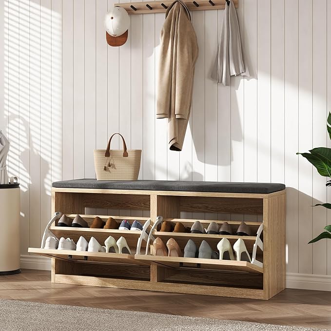 Shoe Storage Bench with Cushioned Seat, 2-Tier Entryway Bench with 2 Flip Drawers & Adjustable Shelves, 39.4" Shoe Rack Bench for Entryway, Living Room, Hallway (Natural)