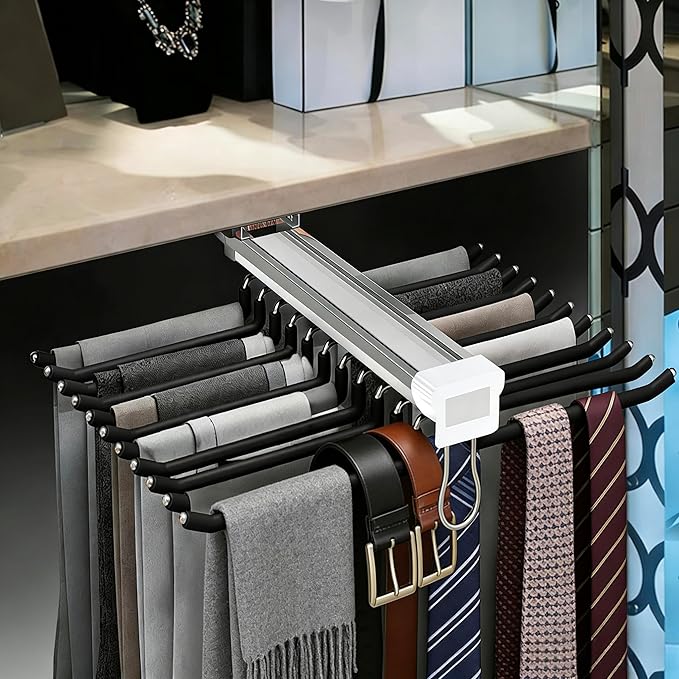 22 Arms Steel Slide Out Pants Rack Closet Pants Hanger Bar Pull Out Trousers Rack Tie Belts Scarf Racks, Top Mounted Wardrobe Clothes Organizers Rail Pull Out Closet Storage Rod-Black