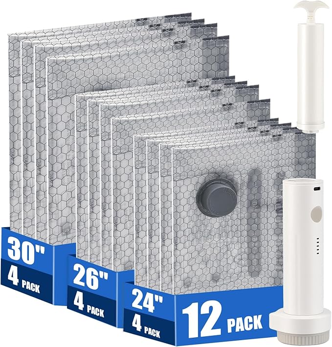 12 Pack Travel Vacuum Storage Bags with Rechargeable Wireless & Hand Pump, Portable Space Saver Bags for Travel & Home, Vacuum Compression Packing Seal for Clothes, Blankets, Seasonal Storage