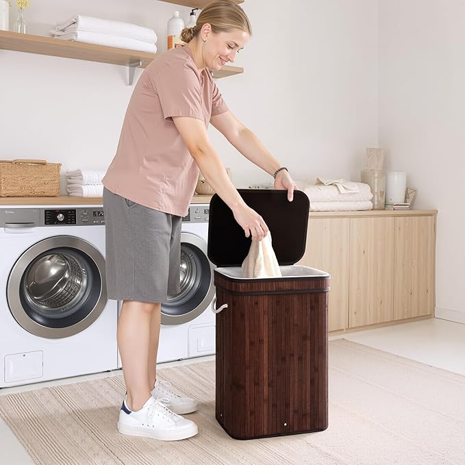 StorageWorks Laundry Hamper with Lid, Foldable Bamboo Laundry Basket, Clothes Hamper with Handles, Organizer and Storage for Laundry Room, Bedroom, Dorm, Brown