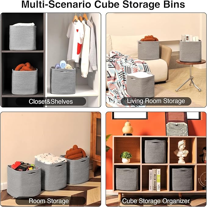 13 Inch Cube Closet Storage Bins, Woven Cotton Rope Organizer Baskets for Organizing & Shelves, Books, Towels, Clothes, Toys, 13x13x13 in, Grey (Pack of 3)