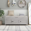 SOFTSEA Storage Bench with 3 Shutter-Shaped Doors, Entryway Shoe Bench with Removable Cushion and Hidden Storage, Wooden Storage Ottoman for Entryway, Living Room, Bedroom, Grey