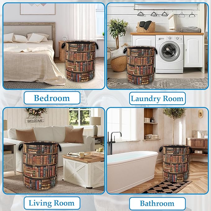 Retro Wooden Book shelf Laundry Basket Collapsible Laundry Hamper, Oxford Cloth Storage Bin for Room/Bathroom/Bedroom/Dormitories 16" X 20.8"