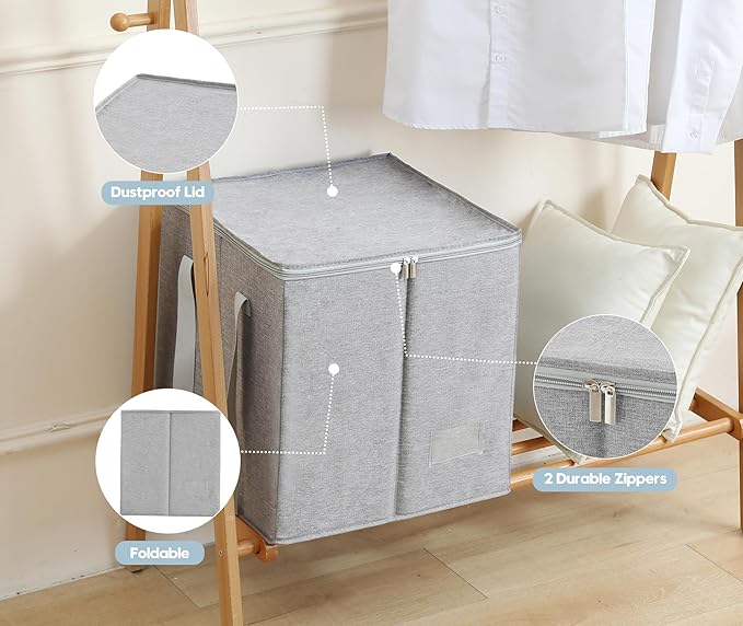 Qozary Clothes Hanger Organizer Bag-Rigid Hanger Storage Containers with Lid for Dustproof, Large Hanger Holder, Sturdy Caddy Organizer Box with Handle (Gray, Large Height 17 in for Wooden Hangers)