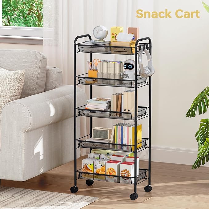 TOOLF 5-Tier Metal Utility Cart with 3 Hooks, Easy Assemble Mobile Storage Trolley On Wheels, Metal Shelving Units Kitchen Bathroom Laundry Room