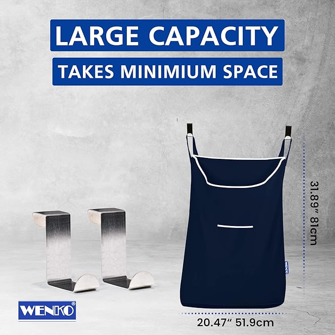 WENKO Laundry Hamper Bag Hanging, Over The Door Basket with Hooks, for Bathroom, Closet, Space Saving Storage, Wall mounted 3.94 x 20.47 x 31.89 in, Navy