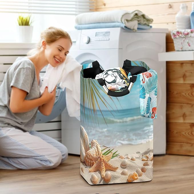 xigua Sunny Beach Scene Large Laundry Hamper with Handle, Foldable Clothes Hamper Collapsible Storage Basket for Toys and Clothes Organization in Bedroom, Bathroom, and Laundry Room