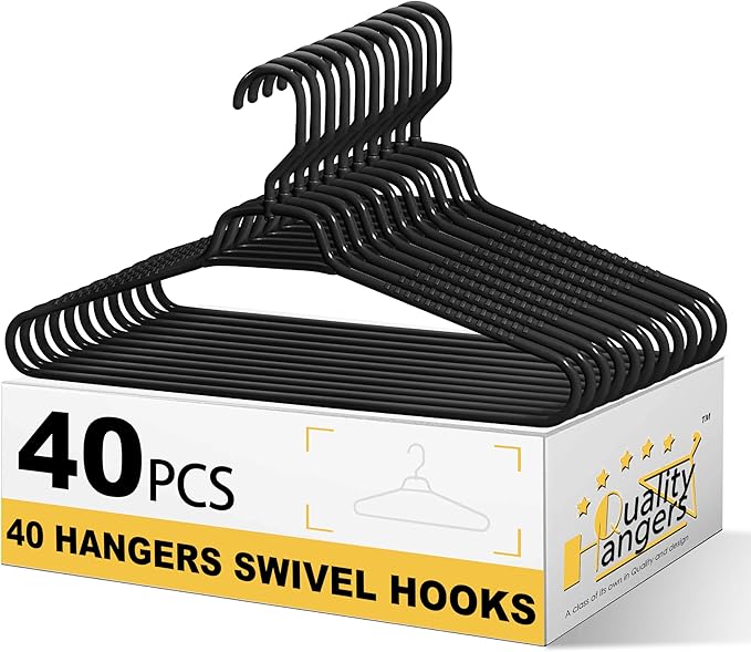 Quality Hangers Heavy Duty Black Plastic Hangers 40-Pack with Swivel Hook | 7mm Thick Non Slip Coat Hangers with Accessory Bar | Ideal Clothes Hangers Plastic for Everyday Use | 17 Inches (40, Black)