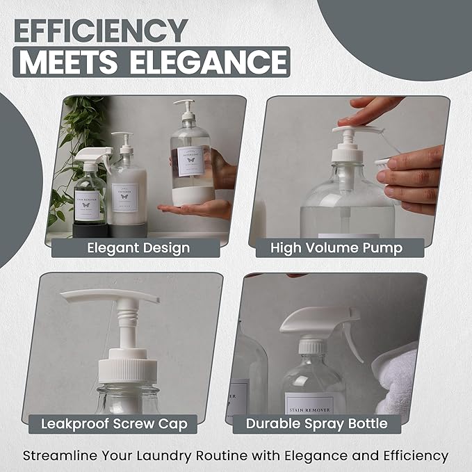 Glass Laundry Dispenser Set w/Silicone Base, 2x 34 oz & 1x 17 oz Pump Dispensers for Liquid Detergent/Stain Remover