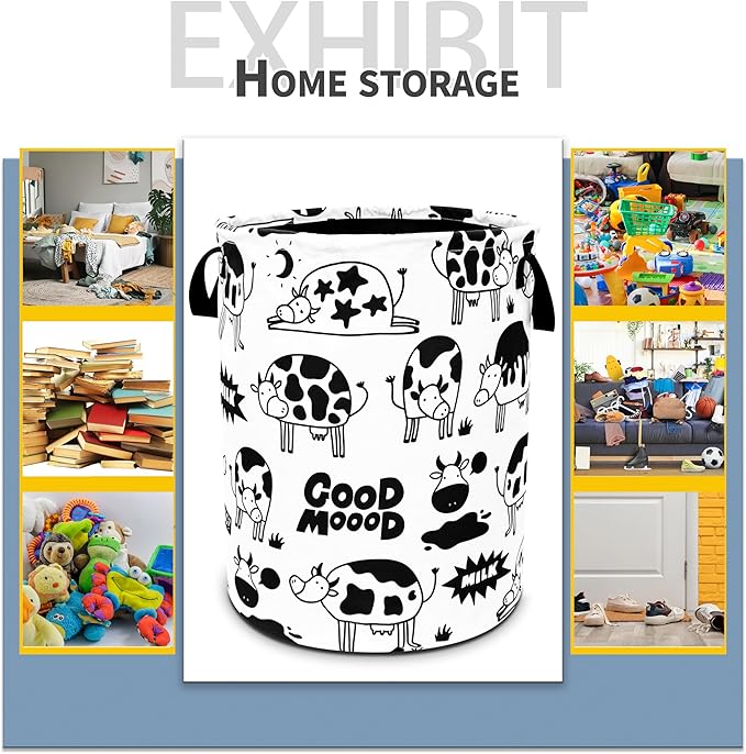 Cute Cow Laundry Basket Black White Cows Foldable Oxford Cloth Funny Tote Bag Laundry Hamper Clothes Storage Bucket Toy Organizer For Bathroom/Laundry Storage/Bedroom 18.9x16.5 Inch